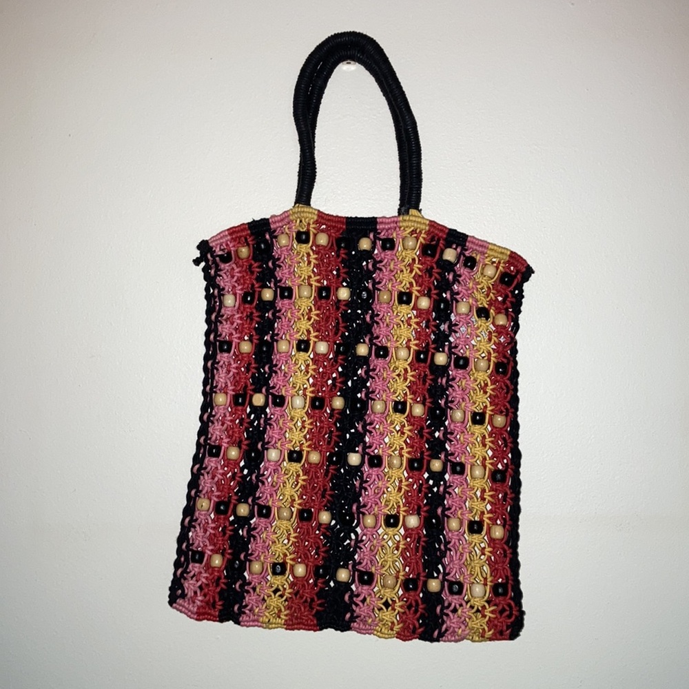 Forever 21 Woven Crochet Stripe Tote Bag Beach Pool Vacation Black Pink Red